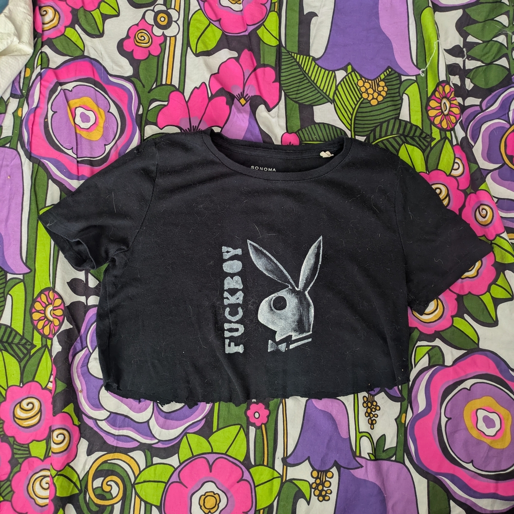 Black Graphic Cropped Playboy T-shirt